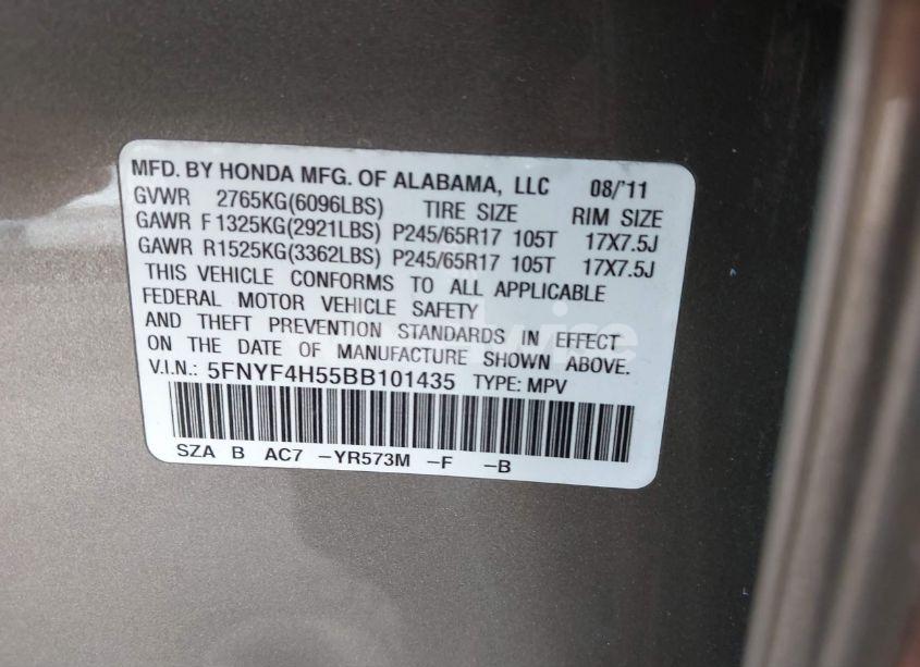 Photo 9 of 2011 Honda Pilot EX-L (VIN 5FNYF4H55BB101435)