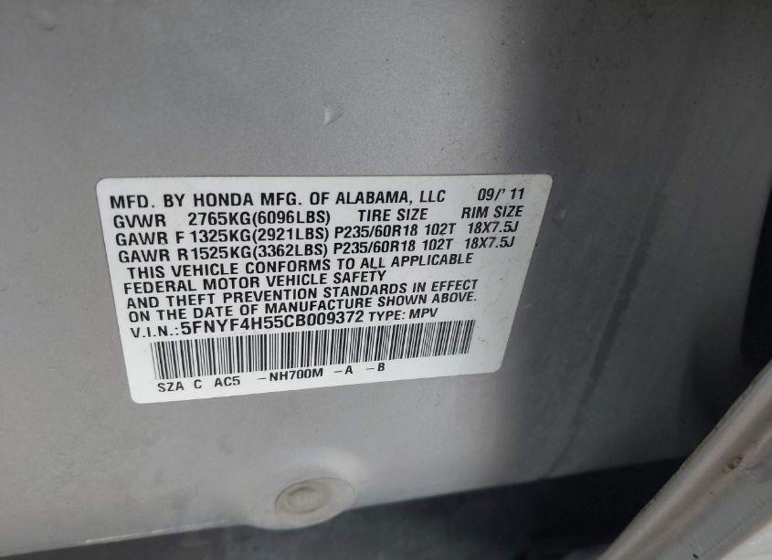 Photo 9 of 2012 Honda Pilot EX-L (VIN 5FNYF4H55CB009372)