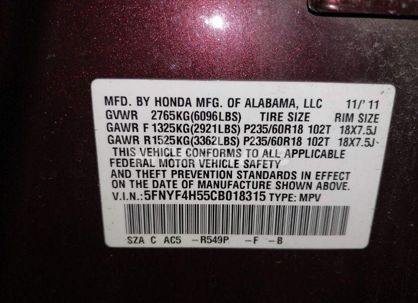 Photo 9 of 2012 Honda Pilot EX-L (VIN 5FNYF4H55CB018315)