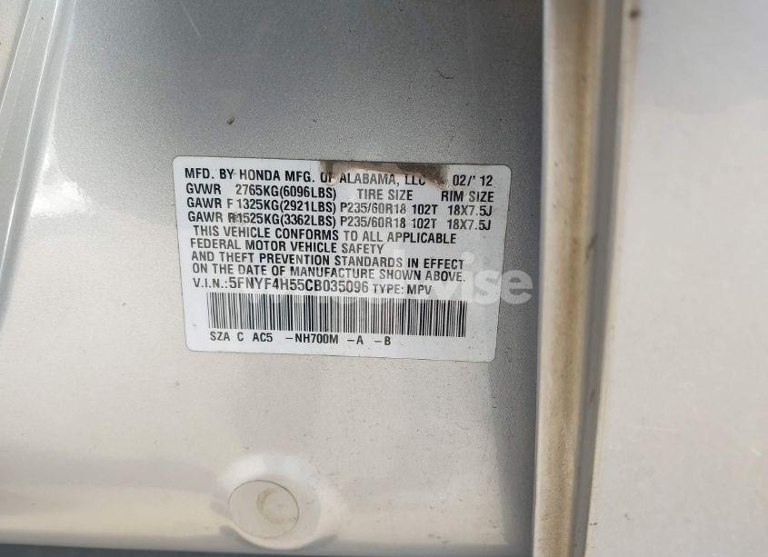 Photo 9 of 2012 Honda Pilot EX-L (VIN 5FNYF4H55CB035096)