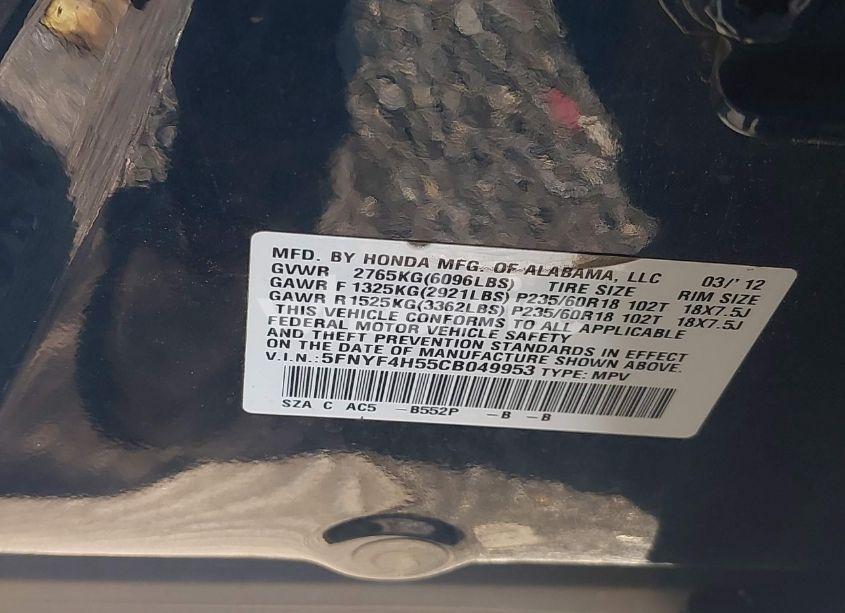 Photo 9 of 2012 Honda Pilot EX-L (VIN 5FNYF4H55CB049953)