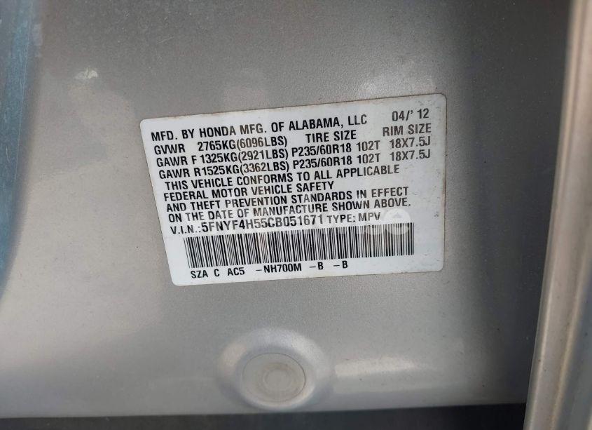 Photo 9 of 2012 Honda Pilot EX-L (VIN 5FNYF4H55CB051671)