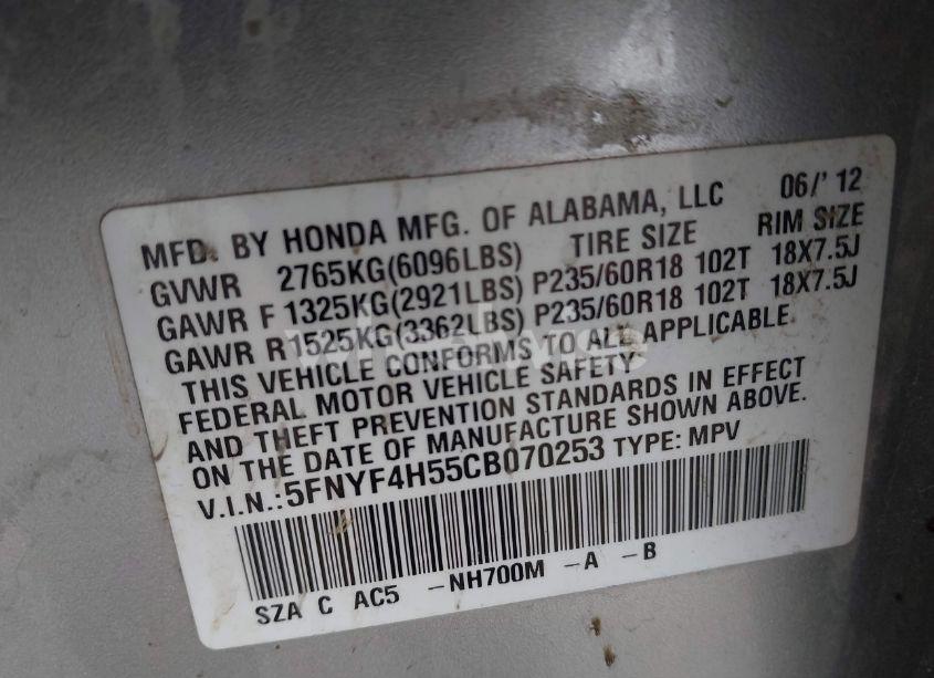 Photo 9 of 2012 Honda Pilot EX-L (VIN 5FNYF4H55CB070253)