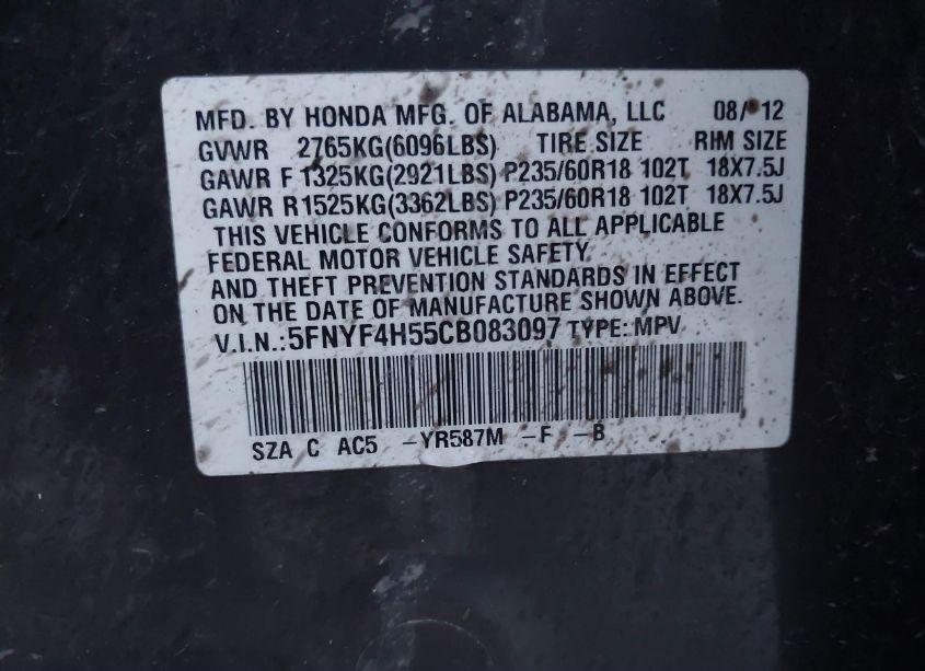 Photo 9 of 2012 Honda Pilot EX-L (VIN 5FNYF4H55CB083097)