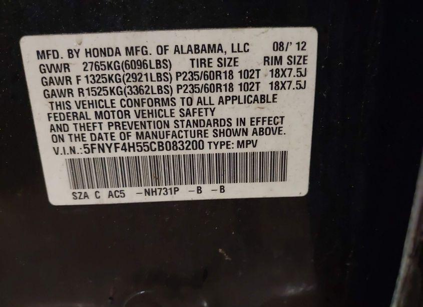 Photo 9 of 2012 Honda Pilot EX-L (VIN 5FNYF4H55CB083200)