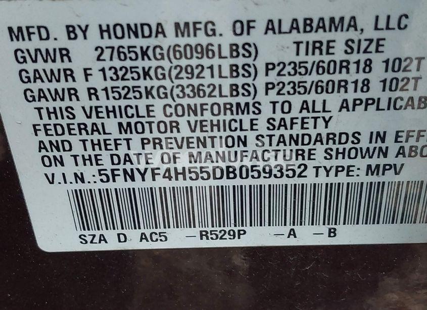 Photo 9 of 2013 Honda Pilot EX-L (VIN 5FNYF4H55DB059352)