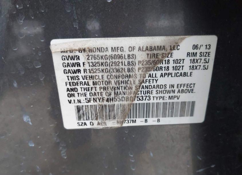 Photo 9 of 2013 Honda Pilot EX-L (VIN 5FNYF4H55DB075373)