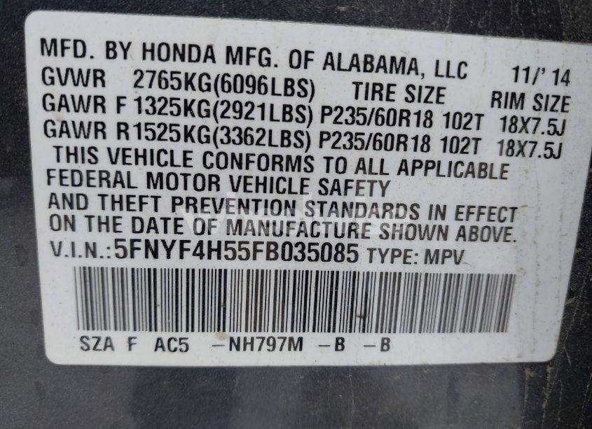 Photo 9 of 2015 Honda Pilot EX-L (VIN 5FNYF4H55FB035085)