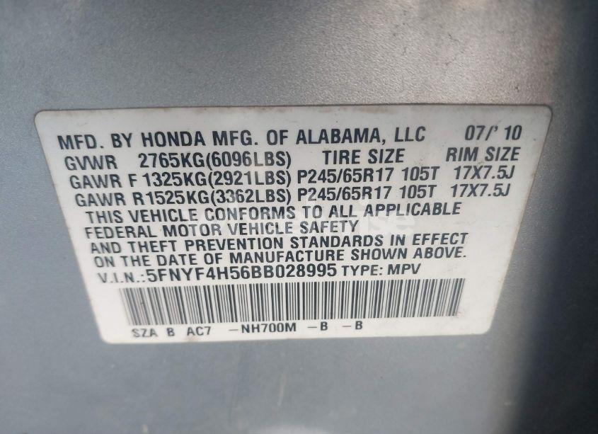 Photo 9 of 2011 Honda Pilot EX-L (VIN 5FNYF4H56BB028995)