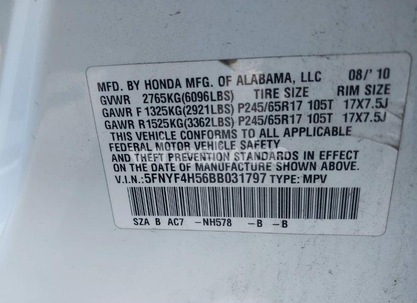 Photo 9 of 2011 Honda Pilot EX-L (VIN 5FNYF4H56BB031797)