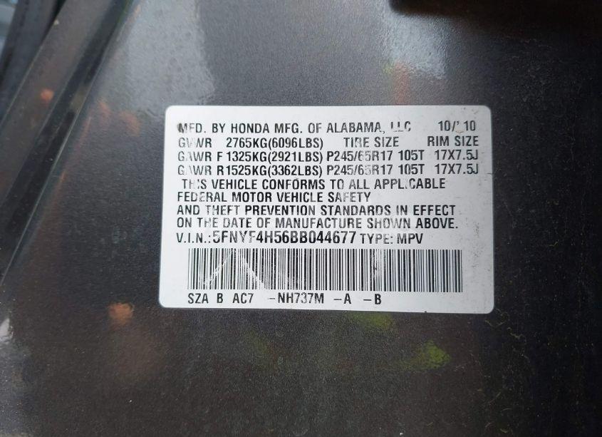 Photo 9 of 2011 Honda Pilot EX-L (VIN 5FNYF4H56BB044677)