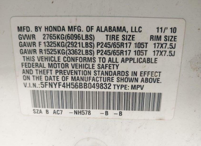 Photo 9 of 2011 Honda Pilot EX-L (VIN 5FNYF4H56BB049832)
