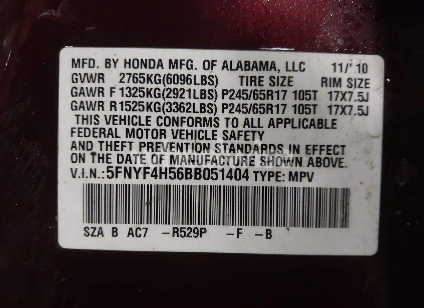 Photo 9 of 2011 Honda Pilot EX-L (VIN 5FNYF4H56BB051404)