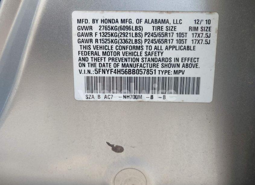 Photo 9 of 2011 Honda Pilot EX-L (VIN 5FNYF4H56BB057851)