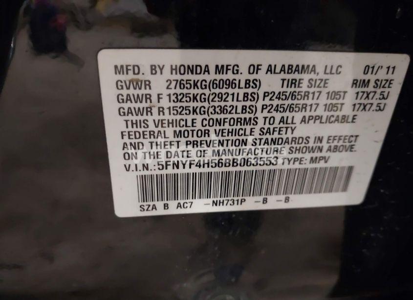 Photo 9 of 2011 Honda Pilot EX-L (VIN 5FNYF4H56BB063553)