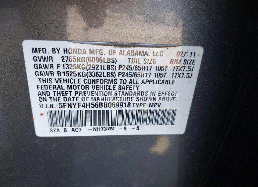 Photo 9 of 2011 Honda Pilot EX-L (VIN 5FNYF4H56BB069918)