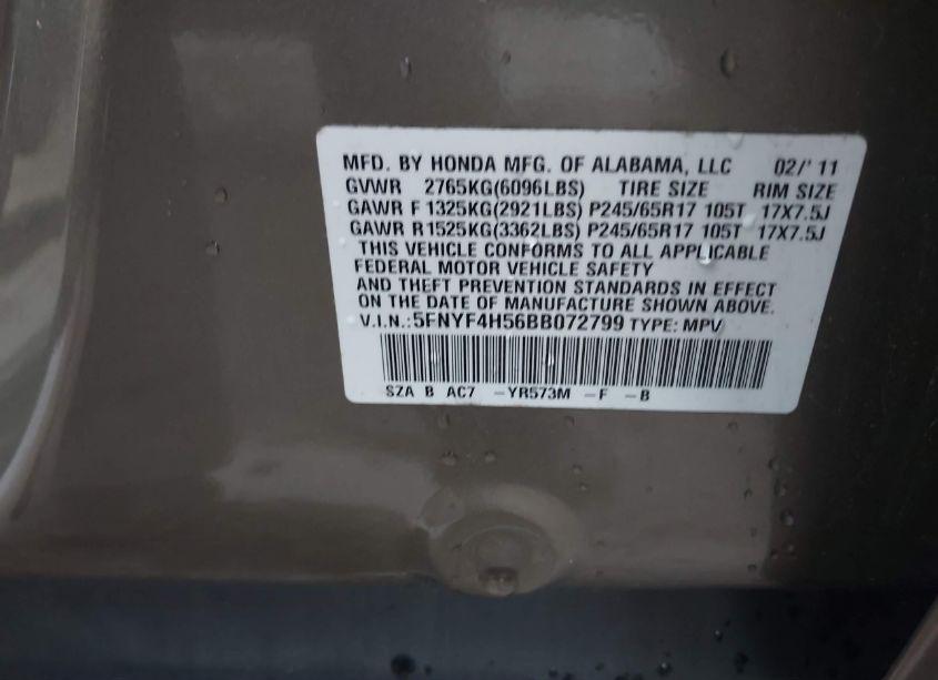 Photo 9 of 2011 Honda Pilot EX-L (VIN 5FNYF4H56BB072799)