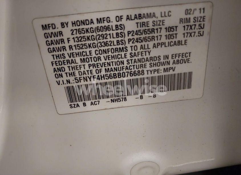 Photo 9 of 2011 Honda Pilot EX-L (VIN 5FNYF4H56BB076688)