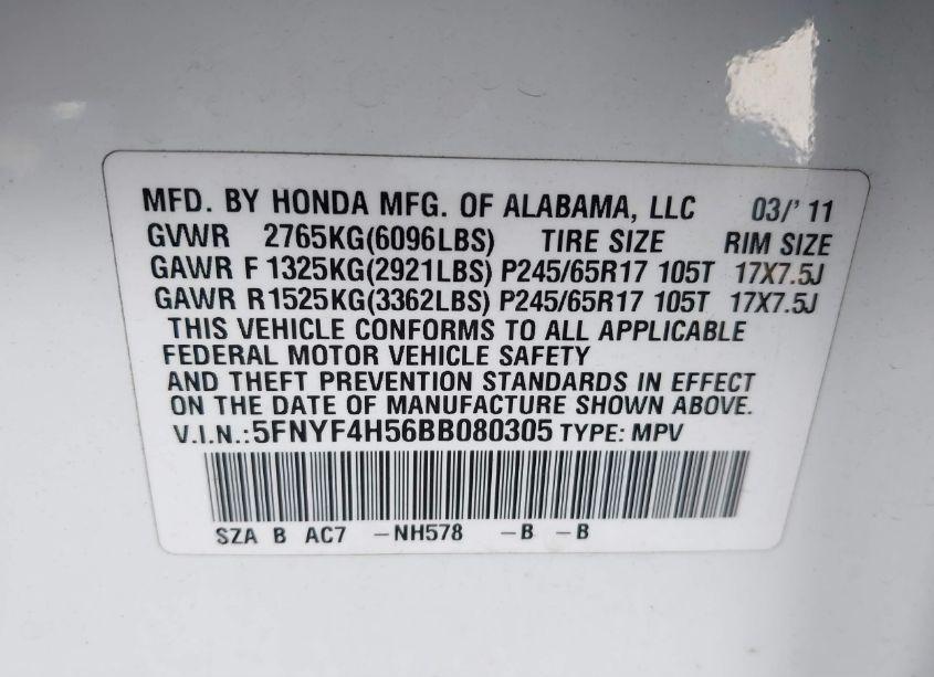 Photo 9 of 2011 Honda Pilot EX-L (VIN 5FNYF4H56BB080305)