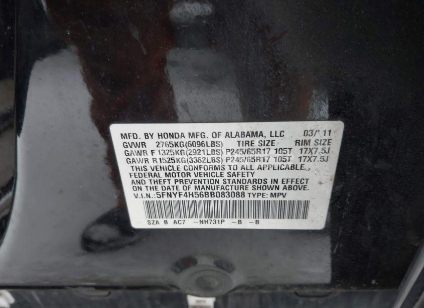 Photo 9 of 2011 Honda Pilot EX-L (VIN 5FNYF4H56BB083088)