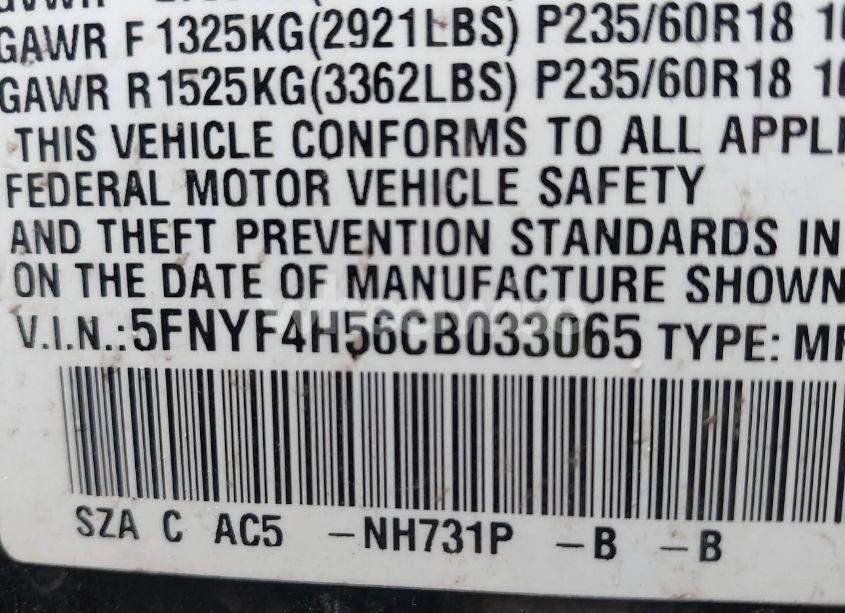 Photo 9 of 2012 Honda Pilot EX-L (VIN 5FNYF4H56CB033065)