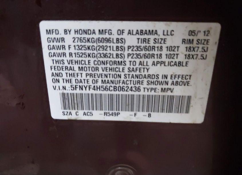 Photo 9 of 2012 Honda Pilot EX-L (VIN 5FNYF4H56CB062436)