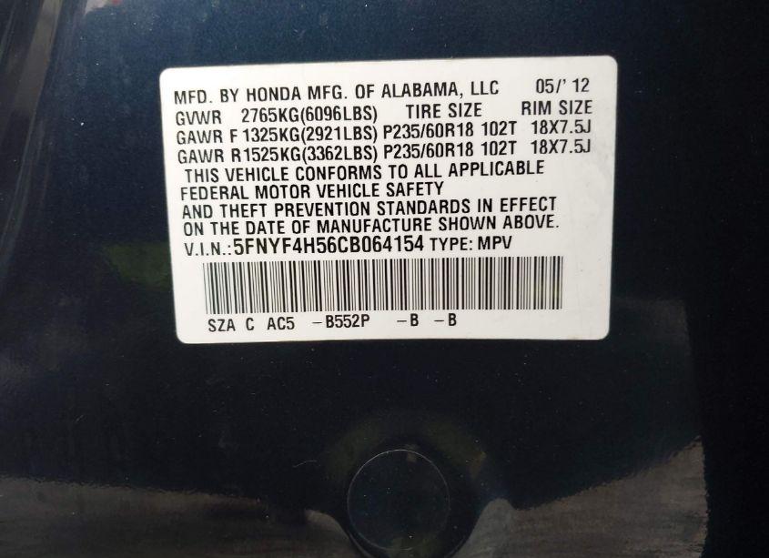 Photo 9 of 2012 Honda Pilot EX-L (VIN 5FNYF4H56CB064154)