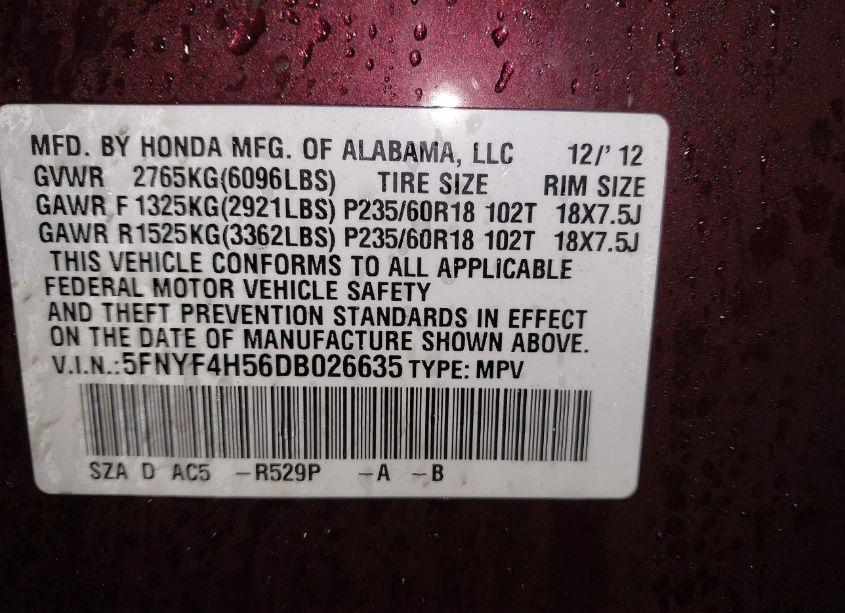 Photo 9 of 2013 Honda Pilot EX-L (VIN 5FNYF4H56DB026635)