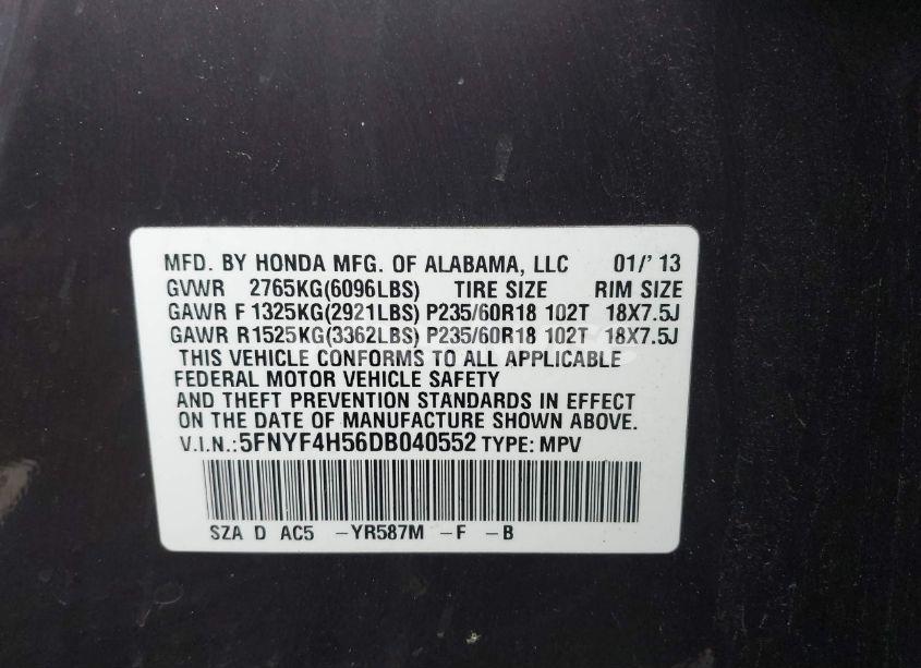 Photo 9 of 2013 Honda Pilot EX-L (VIN 5FNYF4H56DB040552)