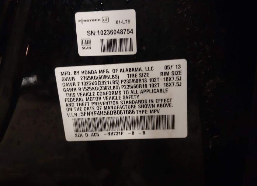 Photo 9 of 2013 Honda Pilot EX-L (VIN 5FNYF4H56DB067086)