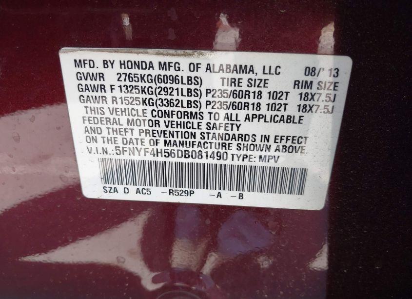 Photo 9 of 2013 Honda Pilot EX-L (VIN 5FNYF4H56DB081490)