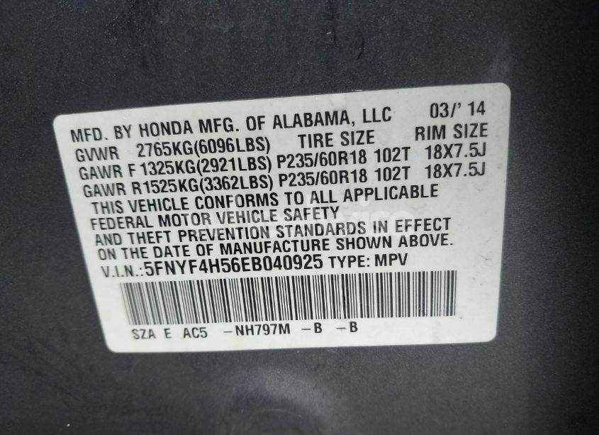 Photo 9 of 2014 Honda Pilot EX-L (VIN 5FNYF4H56EB040925)