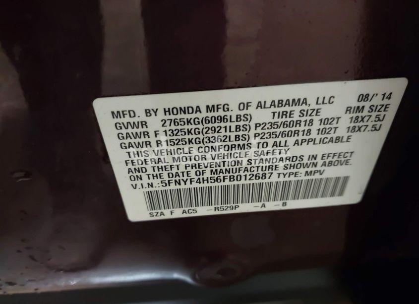 Photo 9 of 2015 Honda Pilot EX-L (VIN 5FNYF4H56FB012687)