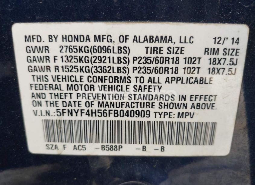 Photo 9 of 2015 Honda Pilot EX-L (VIN 5FNYF4H56FB040909)