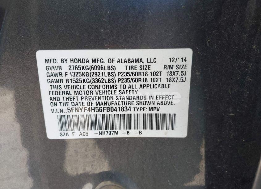 Photo 9 of 2015 Honda Pilot EX-L (VIN 5FNYF4H56FB041834)