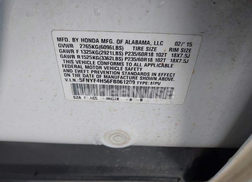 Photo 9 of 2015 Honda Pilot EX-L (VIN 5FNYF4H56FB061209)