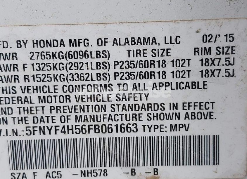 Photo 9 of 2015 Honda Pilot EX-L (VIN 5FNYF4H56FB061663)
