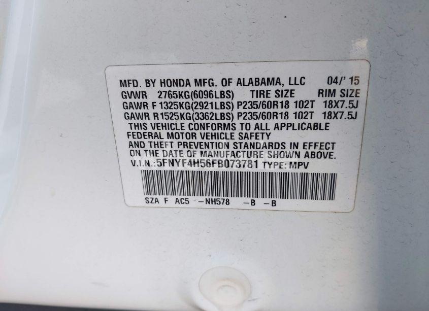 Photo 9 of 2015 Honda Pilot EX-L (VIN 5FNYF4H56FB073781)