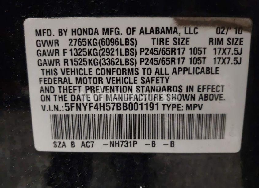 Photo 9 of 2011 Honda Pilot EX-L (VIN 5FNYF4H57BB001191)