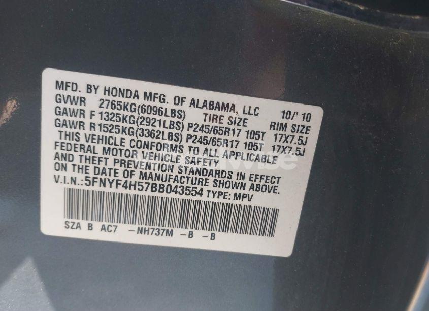 Photo 9 of 2011 Honda Pilot EX-L (VIN 5FNYF4H57BB043554)