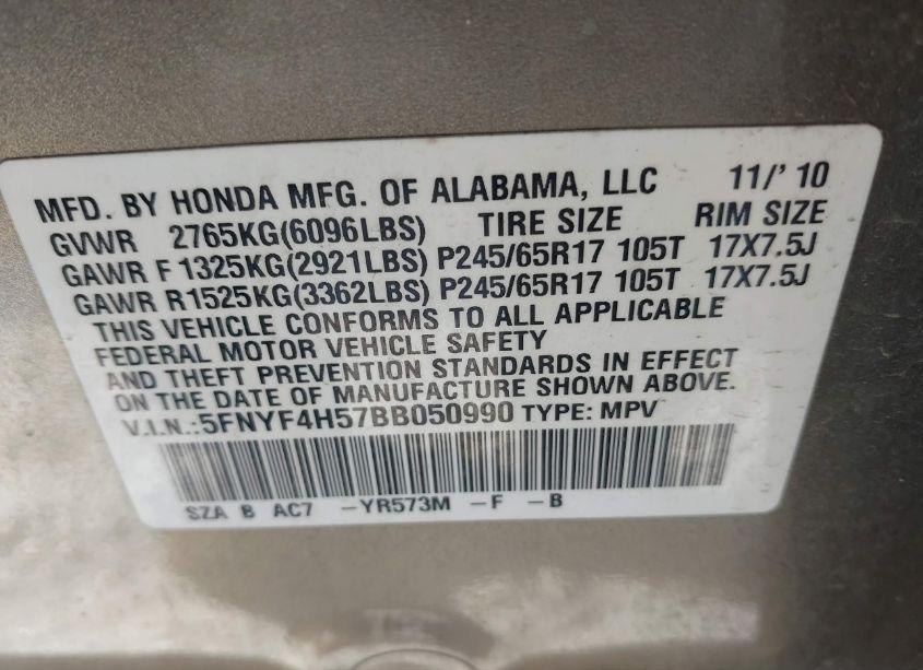 Photo 9 of 2011 Honda Pilot EX-L (VIN 5FNYF4H57BB050990)