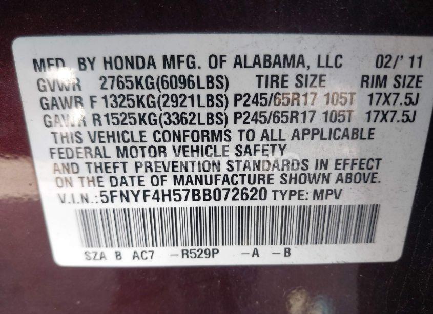 Photo 9 of 2011 Honda Pilot EX-L (VIN 5FNYF4H57BB072620)