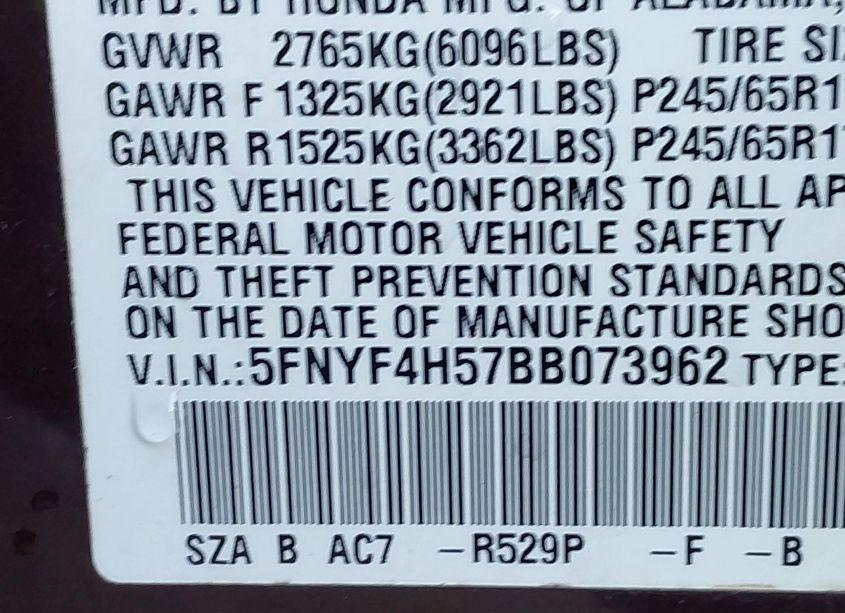 Photo 9 of 2011 Honda Pilot EX-L (VIN 5FNYF4H57BB073962)