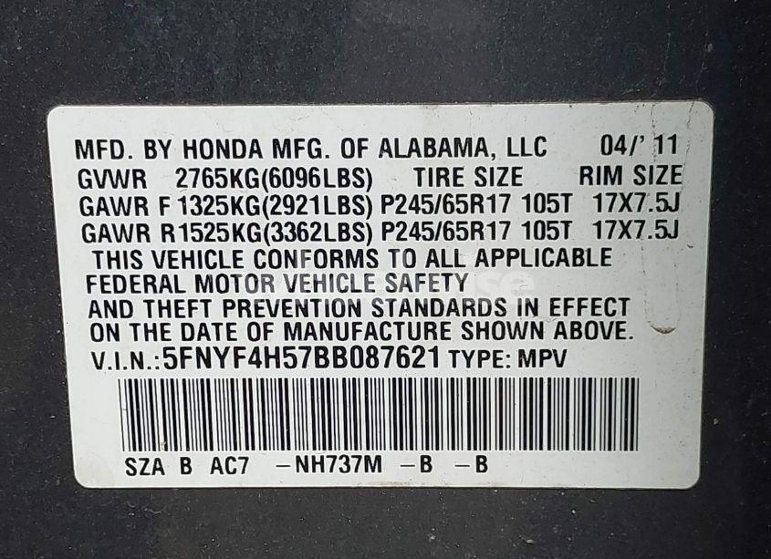Photo 9 of 2011 Honda Pilot EX-L (VIN 5FNYF4H57BB087621)