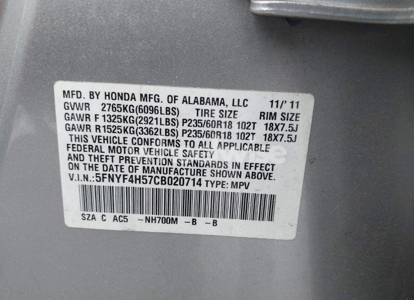 Photo 9 of 2012 Honda Pilot EX-L (VIN 5FNYF4H57CB020714)