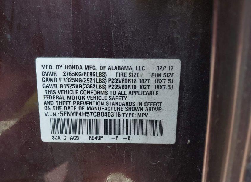 Photo 9 of 2012 Honda Pilot EX-L (VIN 5FNYF4H57CB040316)