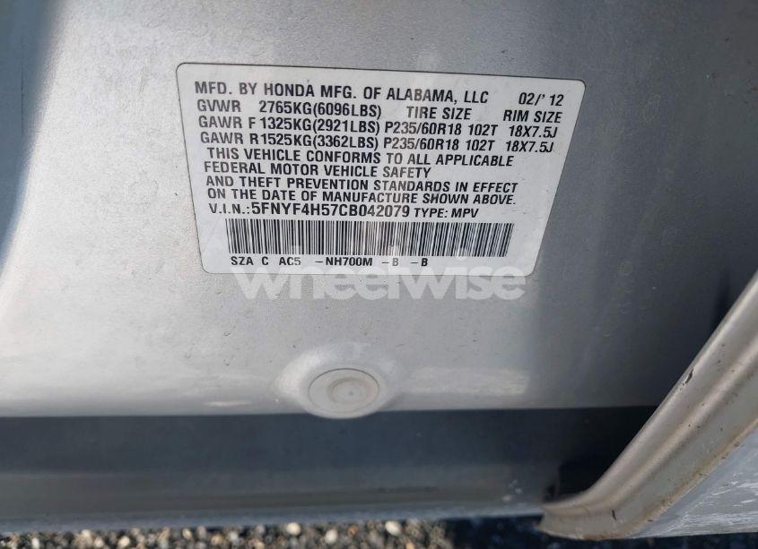 Photo 9 of 2012 Honda Pilot EX-L (VIN 5FNYF4H57CB042079)