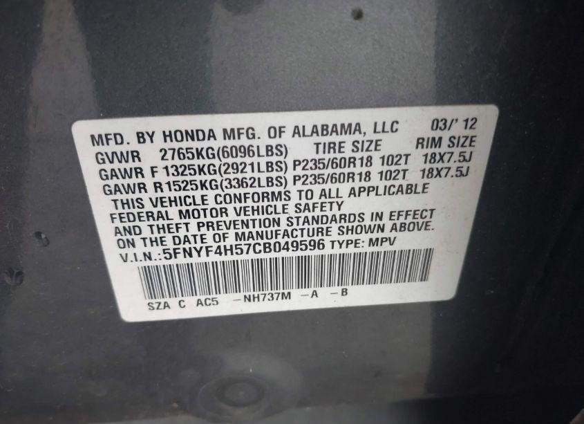 Photo 9 of 2012 Honda Pilot EX-L (VIN 5FNYF4H57CB049596)