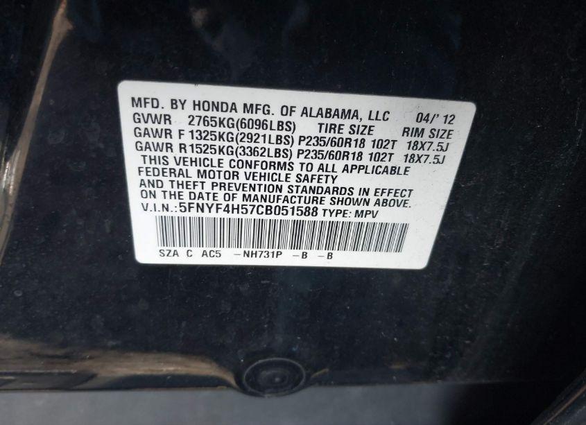 Photo 9 of 2012 Honda Pilot EX-L (VIN 5FNYF4H57CB051588)
