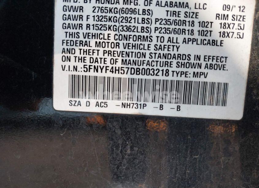 Photo 9 of 2013 Honda Pilot EX-L (VIN 5FNYF4H57DB003218)